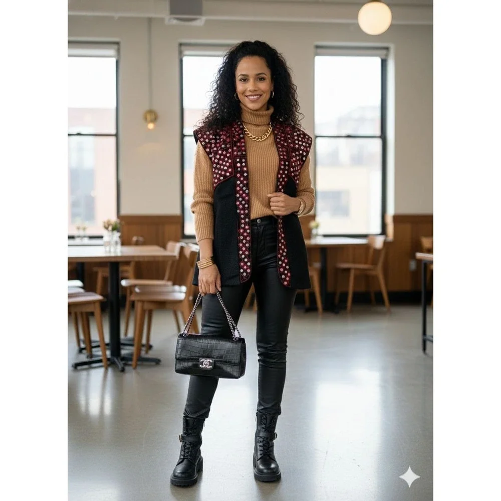Sfera Casual Black Red Mirror Embroidered Open Front Vest Boho Large